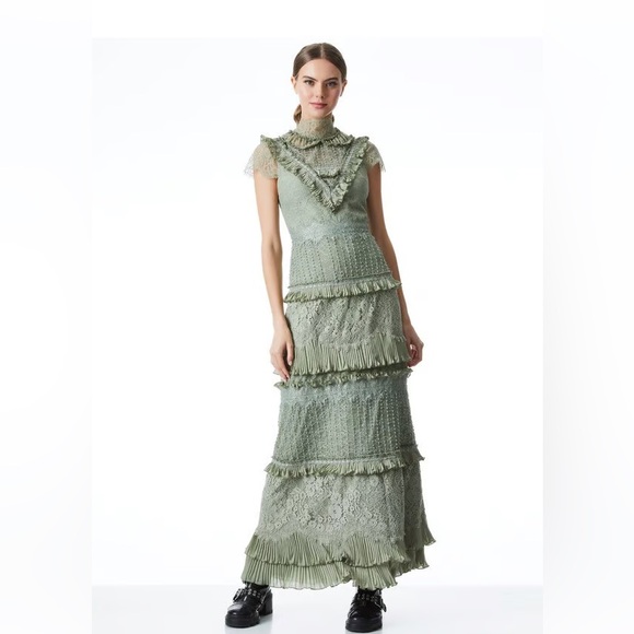 Alex & Olivia Dresses & Skirts - Alice + Olivia “Albertine” Lace Embroidered Maxi Dress | Pale Green | NWT